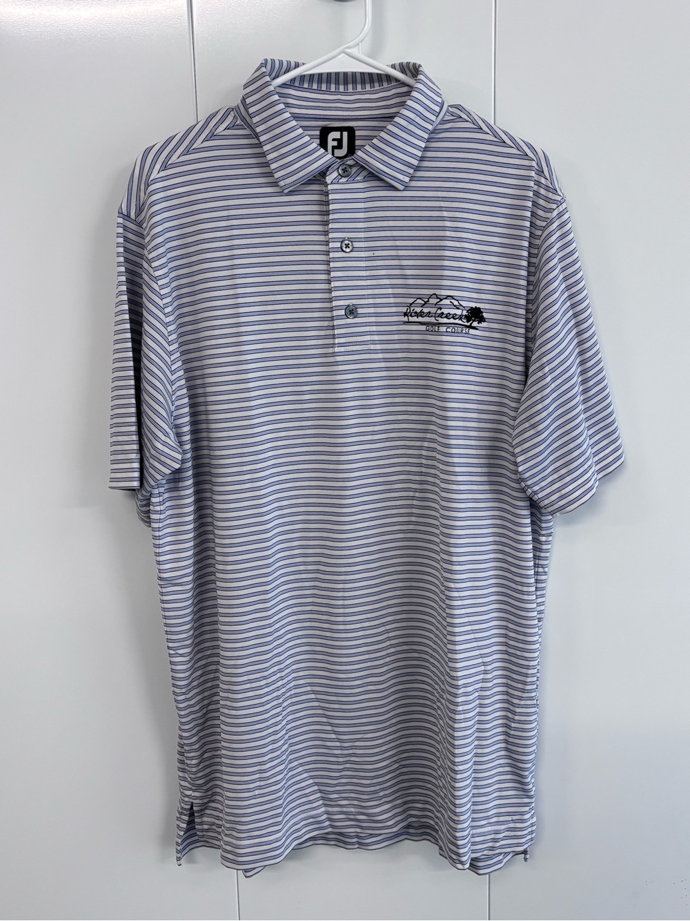 FootJoy FJ Golf Polo Shirt Mens Large Blue White Striped River Creek Course